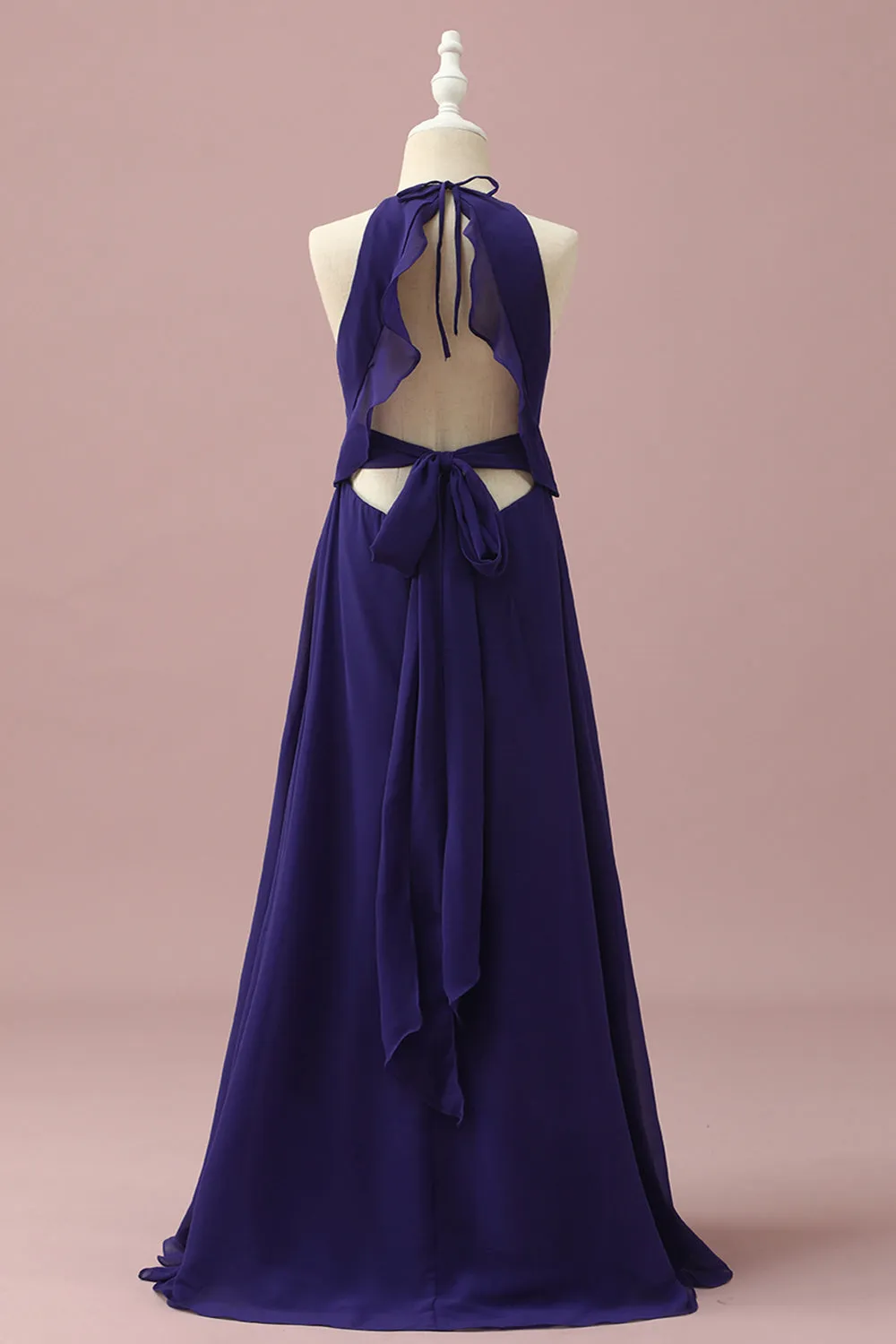 Abito da damigella junior in chiffon Halter viola con volant a cascata