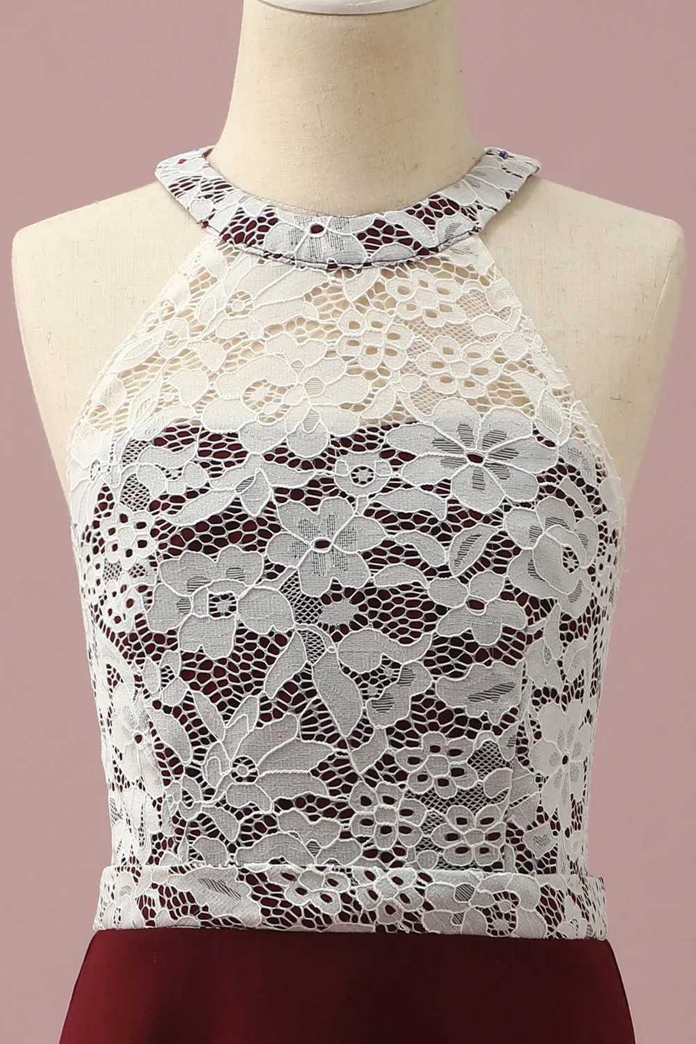 Abito damigella junior in pizzo bordeaux e chiffon Halter