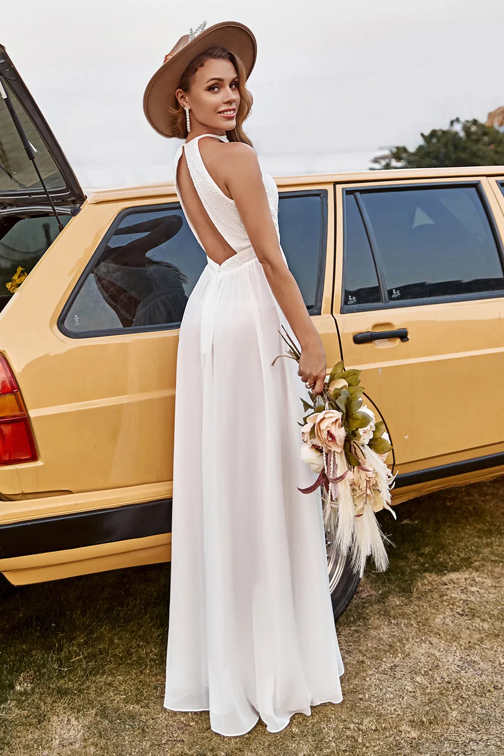Avorio pizzo chiffon Halter Boho abito da sposa con spacco