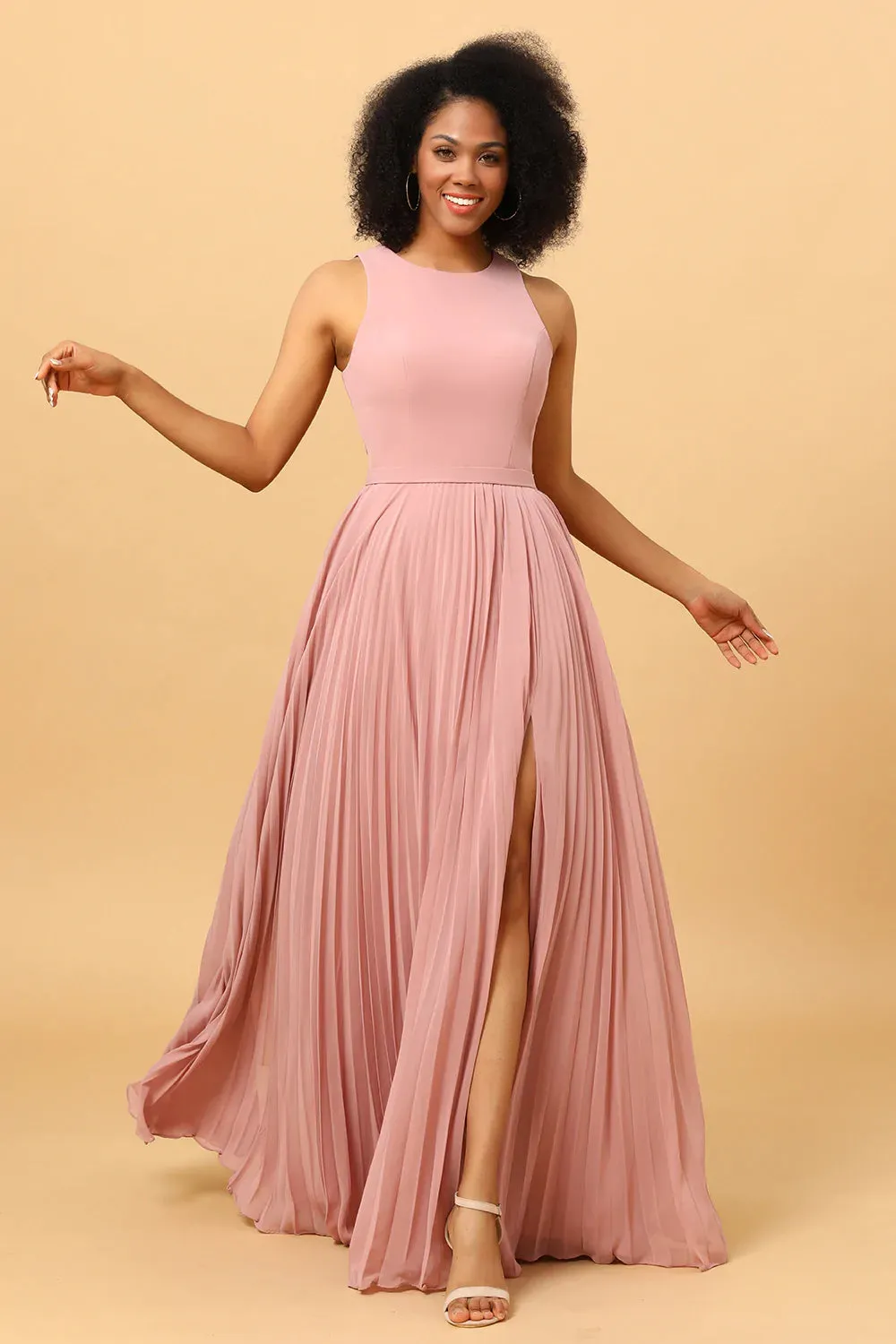Blush lungo chiffon pieghetta abito damigella d'onore con spacco