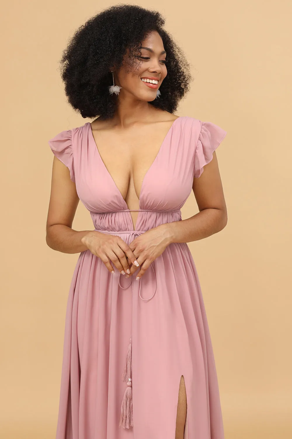 Blush V-Neck Lungo Chiffon Abito da damigella d'onore