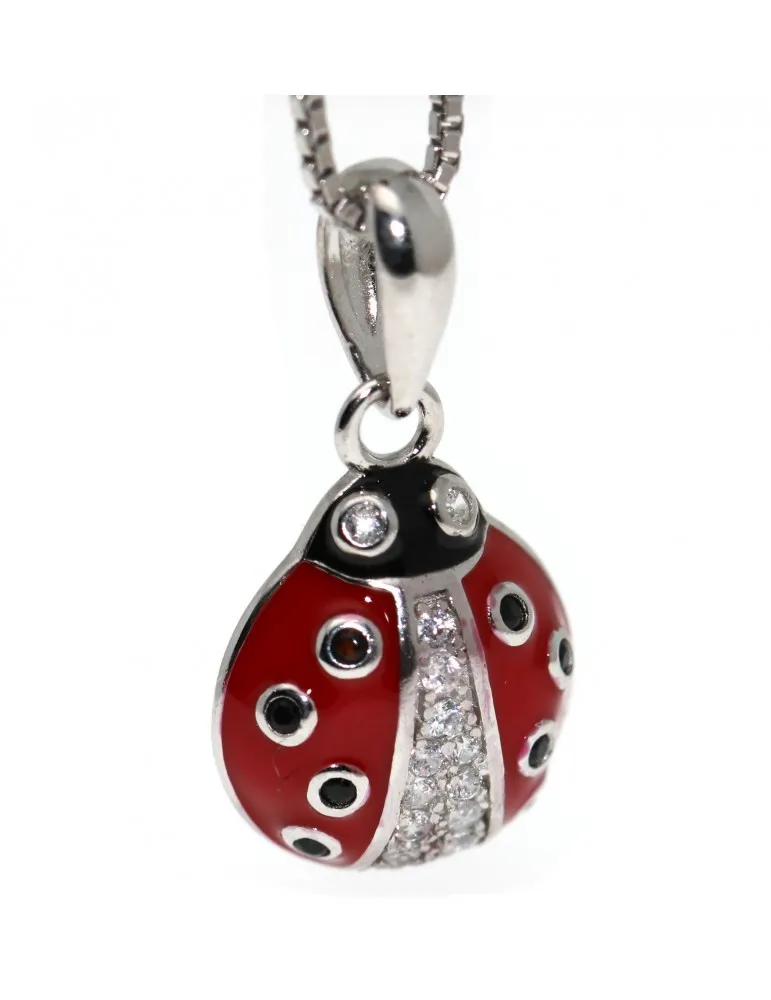 collana coccinella rossa argento 925 zirconi bianchi pois neri