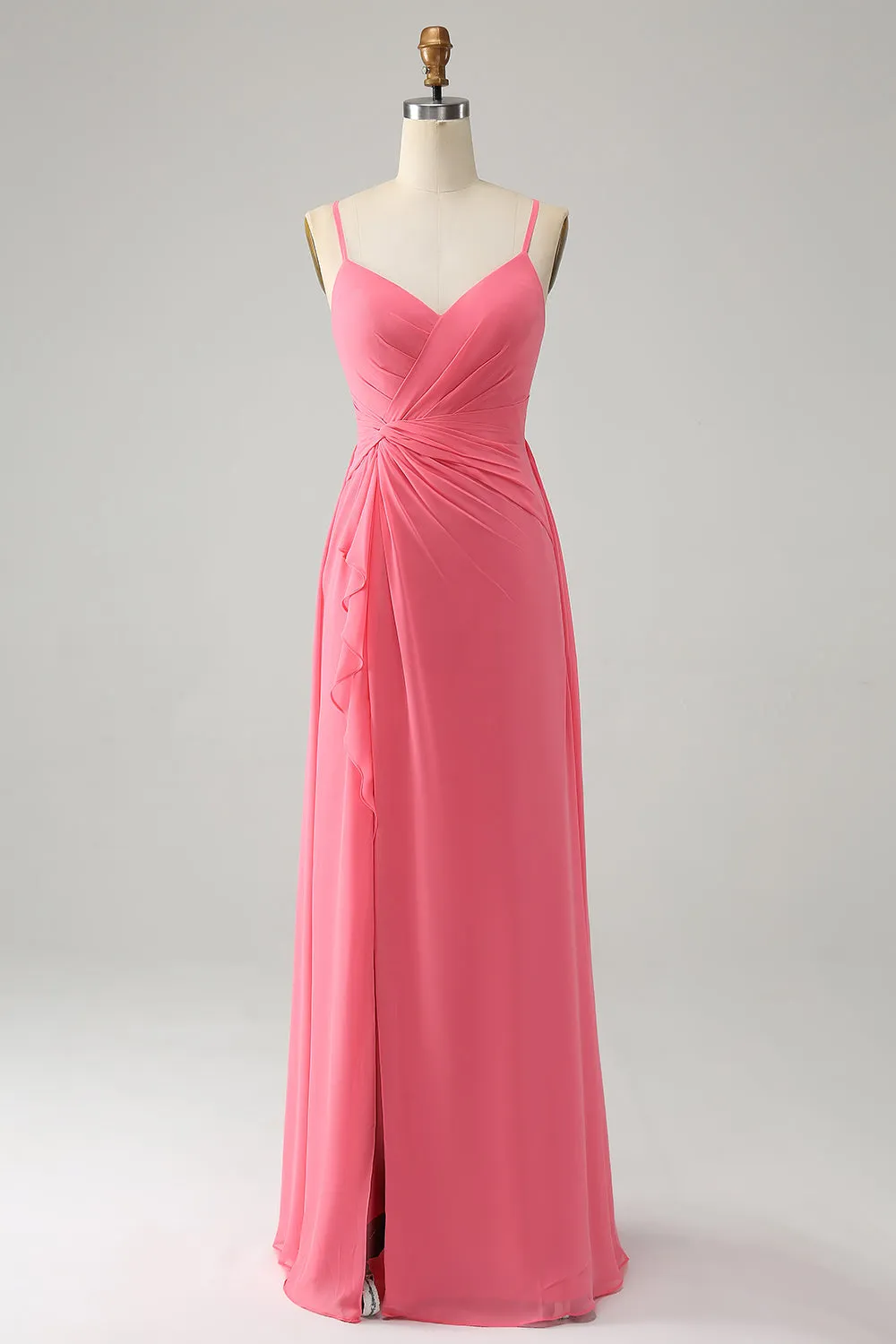 Corallo A Line Scollo a V Spaghetti Straps Chiffon Abito Lungo Da Damigella Con Fessura