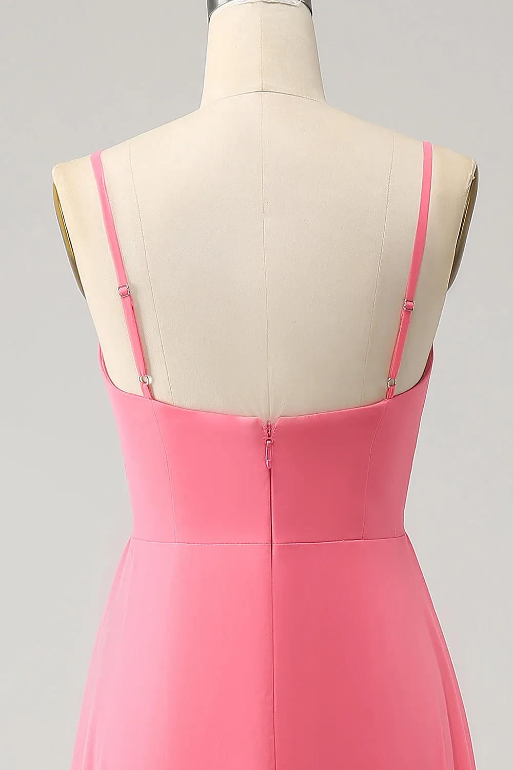 Corallo A Line Scollo a V Spaghetti Straps Chiffon Abito Lungo Da Damigella Con Fessura