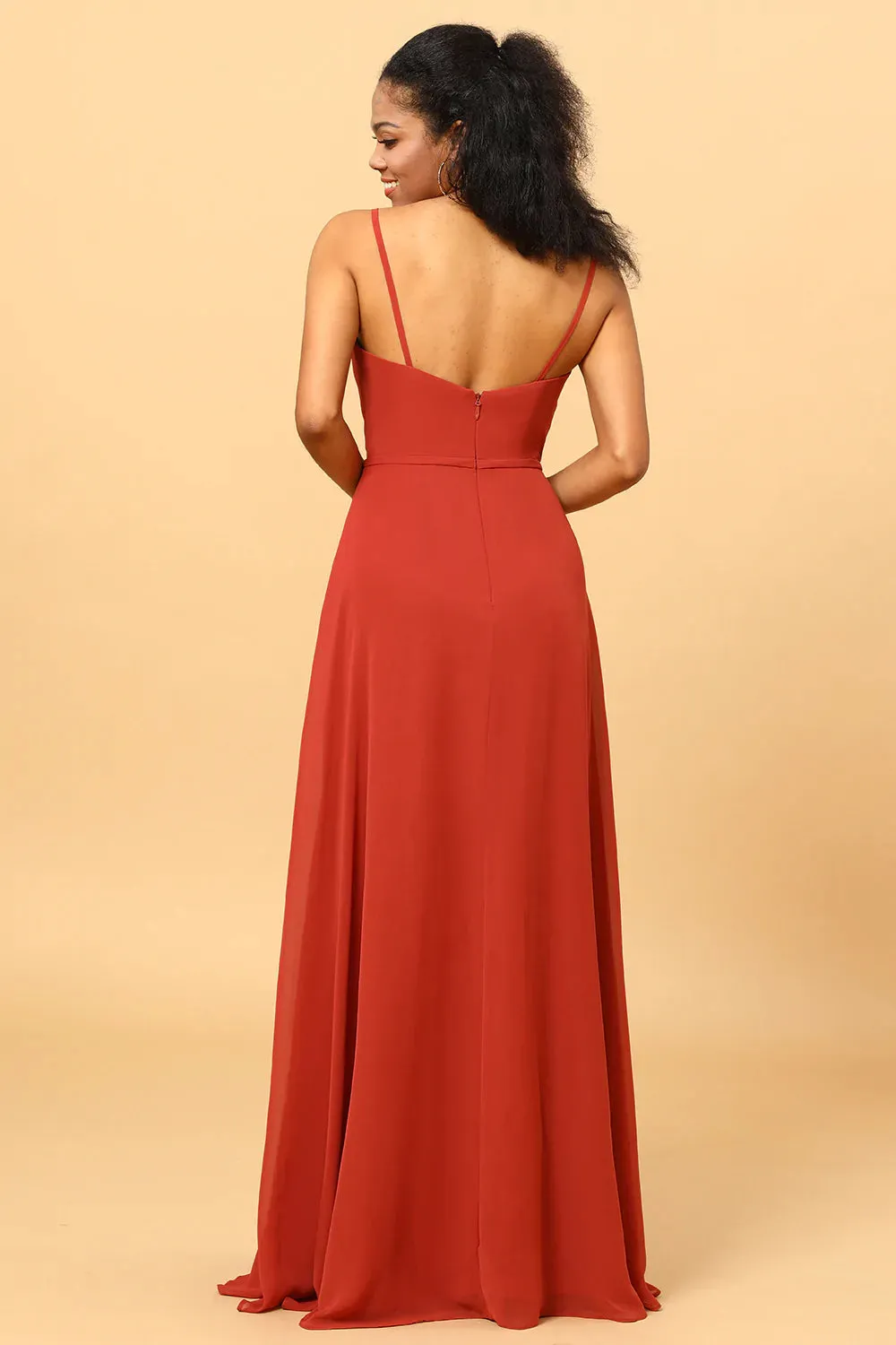 Spaghetti Cinghie Chiffon A-line Abito damigella d'onore con spacco