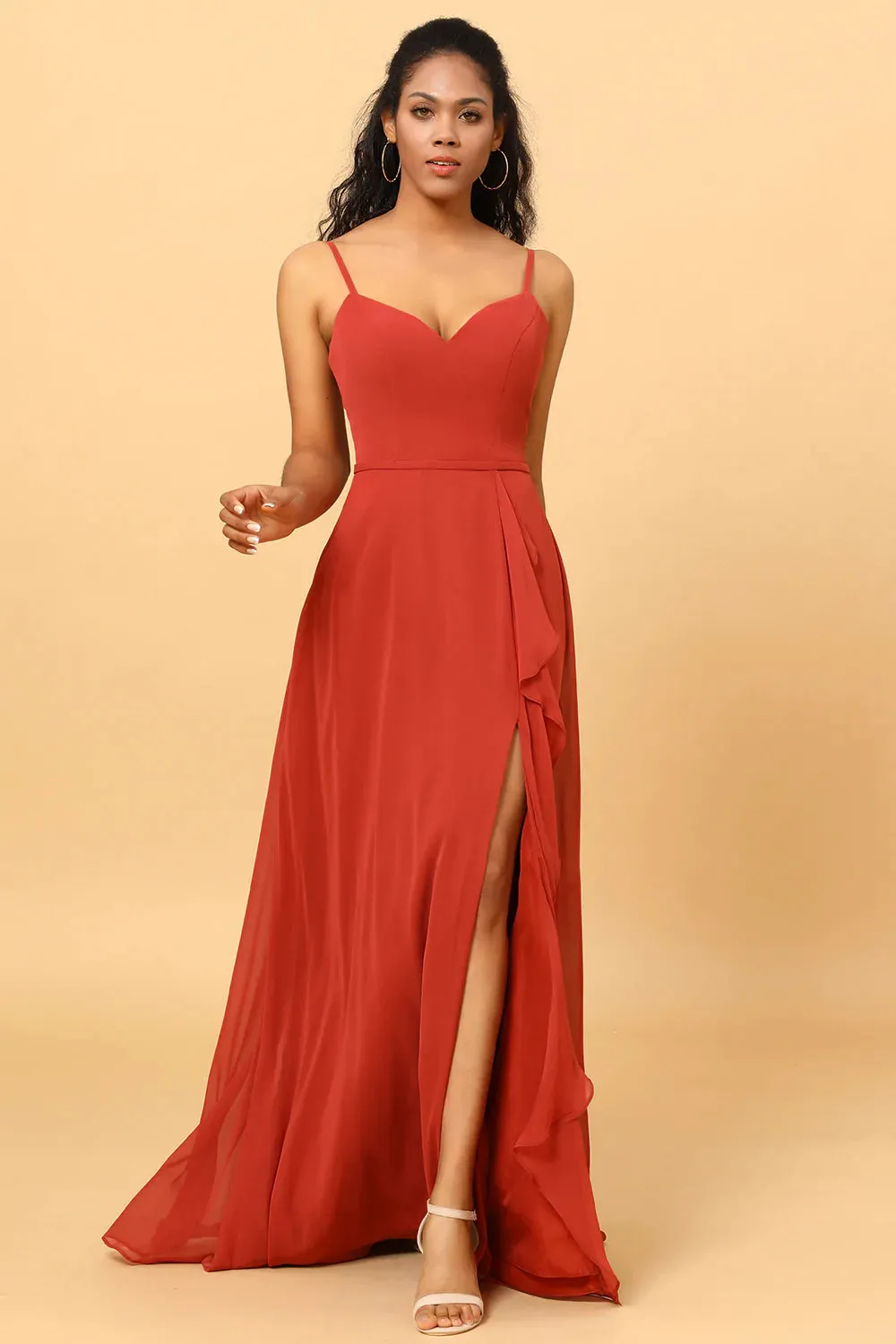 Spaghetti Cinghie Chiffon A-line Abito damigella d'onore con spacco