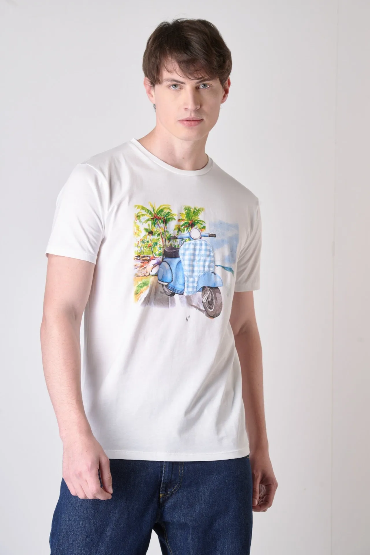 T-Shirt Bianca con stampa Moto e inserto in tessuto V2 ricamato
