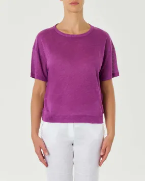 T-shirt viola in lino con spacchetti laterali
