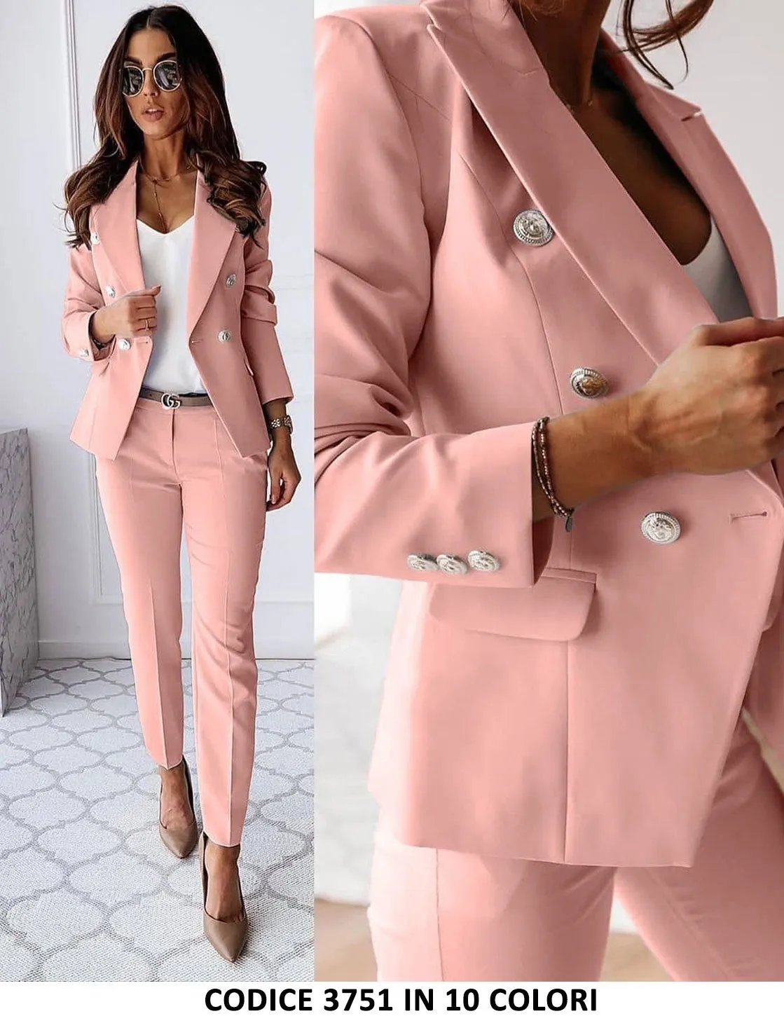 Tailleur Giacca e Pantaloni Eleganti Completo Donna Cerimonia 2 Pezzi con Bottoni Oro in 15 Colori - 3751