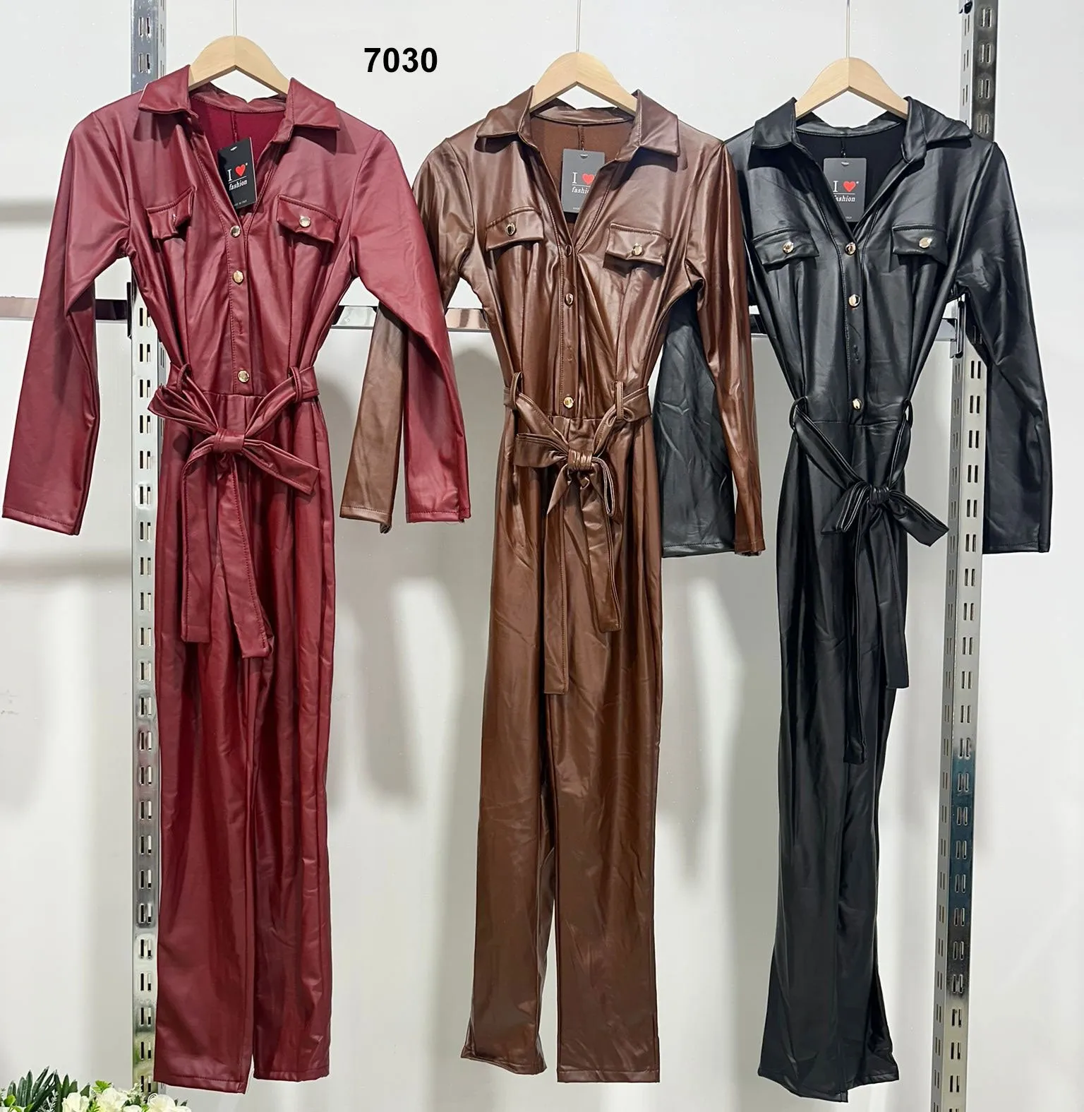 Tuta Intera eco Pelle Casual Sensuale Aderente Jumpsuit Effetto Lucido in 3 Colori - 7030