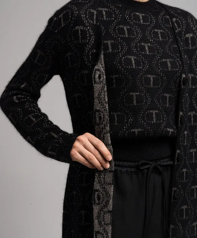 Twinset Cardigan allungato nero con fantasia logo con lurex 232TT3122