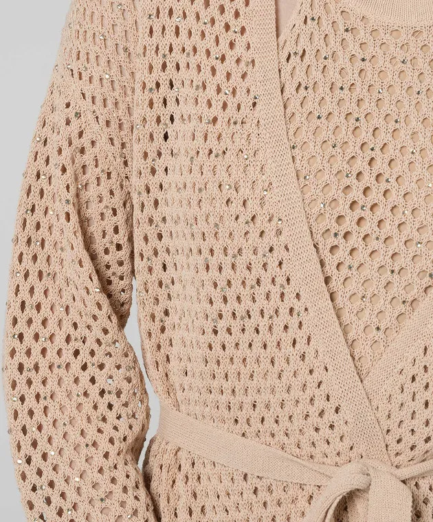 Twinset Cardigan beige traforato in lino con cristalli 241TT3083